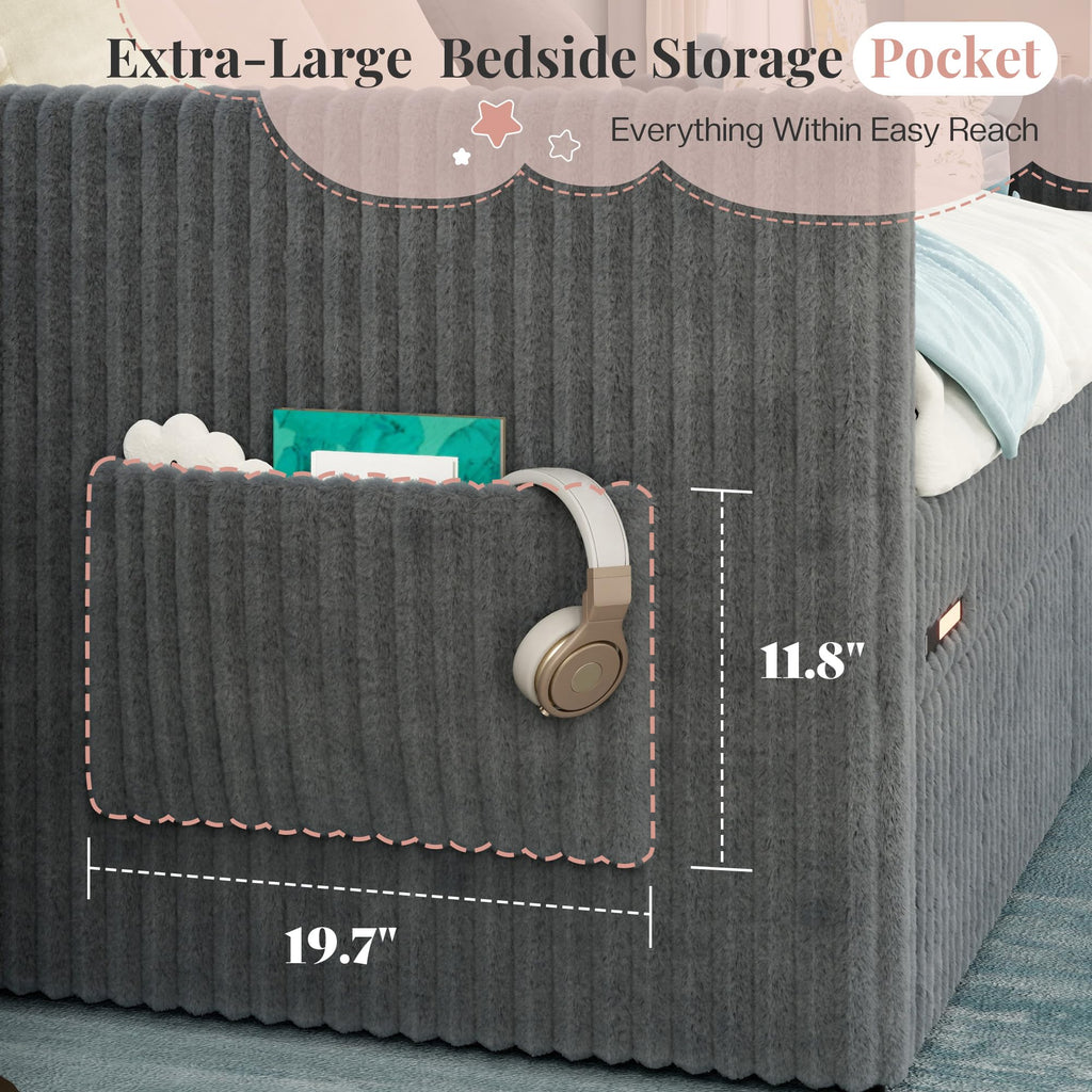 Twin Daybed with Storage Drawers, Corduroy Upholstered, Grey