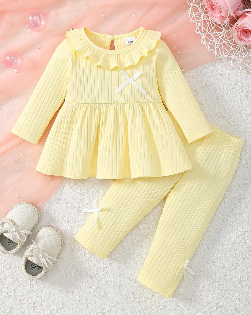2 Piece Baby Girl Clothes Set Infant Ribbed Ruffle Top Bow Pants