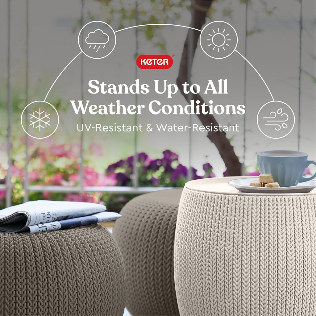 Urban Knit Pouf Ottoman Set of 2 with Storage Table and Room Décor-Perfect for Balcony, Deck, and Outdoor Seating