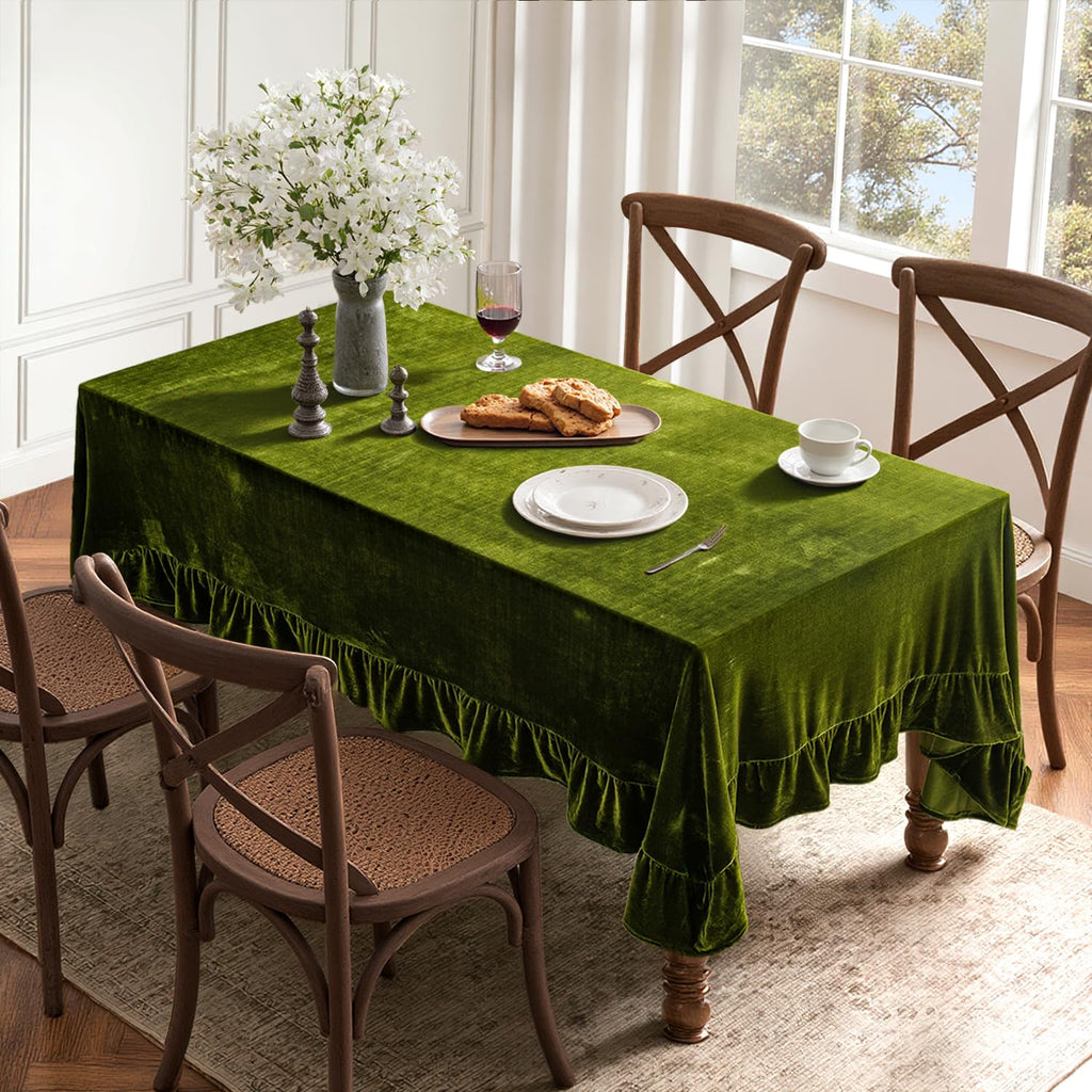 Rectangle Velvet Ruffle Tablecloth 60x102 Inch Christmas Olive Green