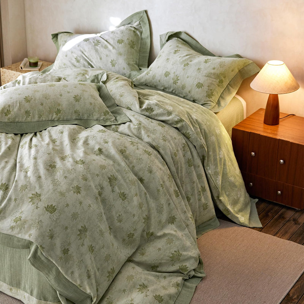 Yarn-Dyed Jacquard Duvet Cover Queen, Green Botanical Leaf Print 3-Piece Bedding Set with Wide Edge Piping, Soft