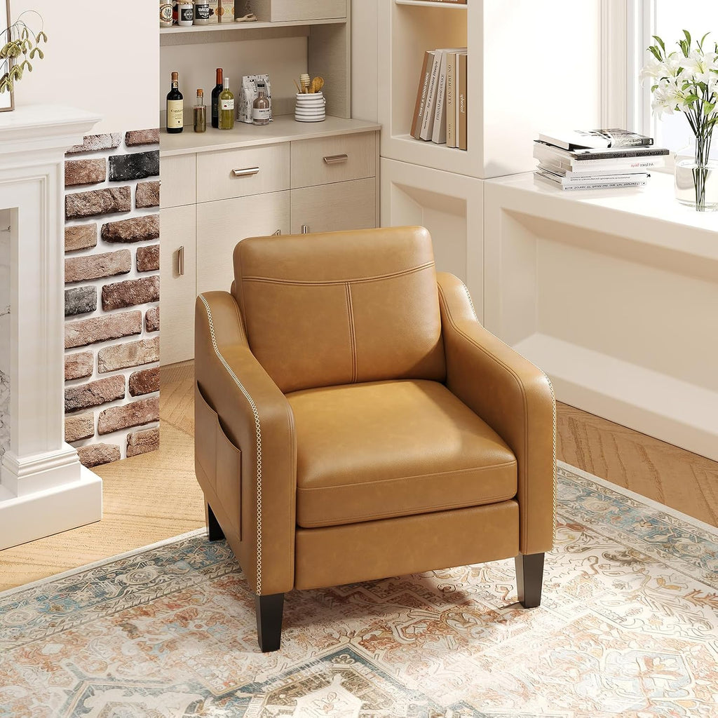 PU Leather Accent Chair, Mid-Century Modern Living Room Armchair Sofa with Removable Cushions, Solid Wood - Set of 2