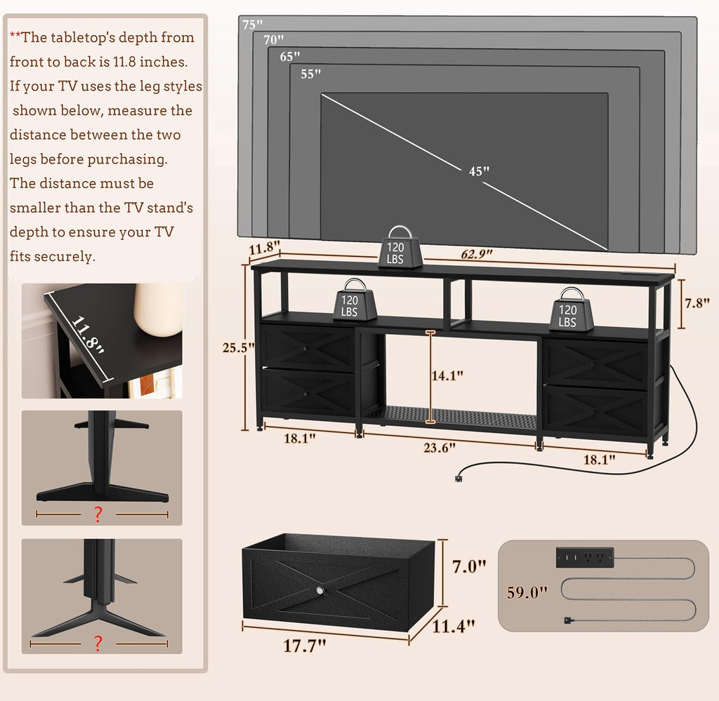 TV Stand with Fabric Drawers for 65 70 75 Inches TV - Entertainment Center with Open Storage Shelf, Power Outlets &