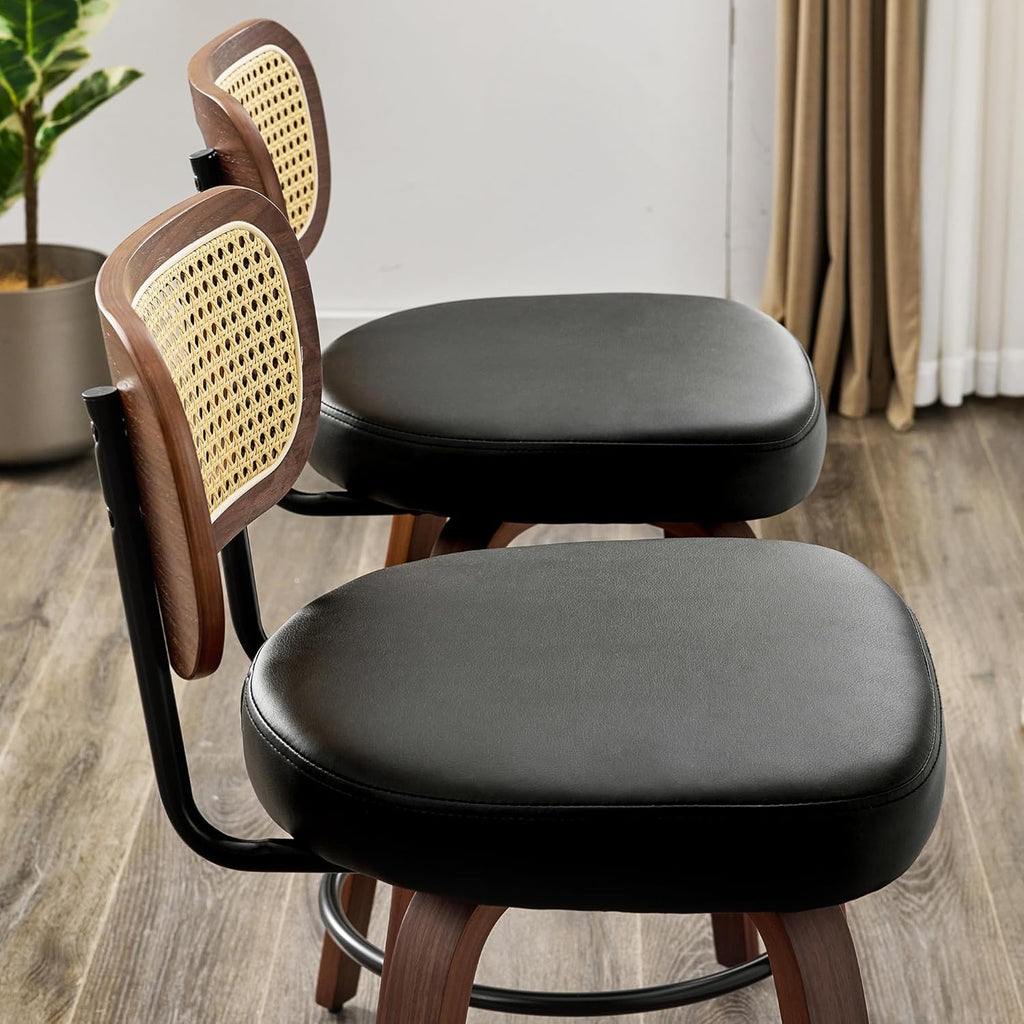 Natural Rattan Bar Stools Set of 2,Upholstered PU Leather, 26'' Counter Height Barstools with Back and Wood