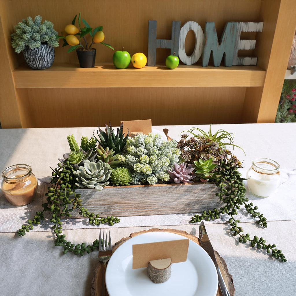 15" Artificial Succulents Plants Arrangement Fake Succulent Plants in Whitewashed Rectangular Wooden Planter Box Faux
