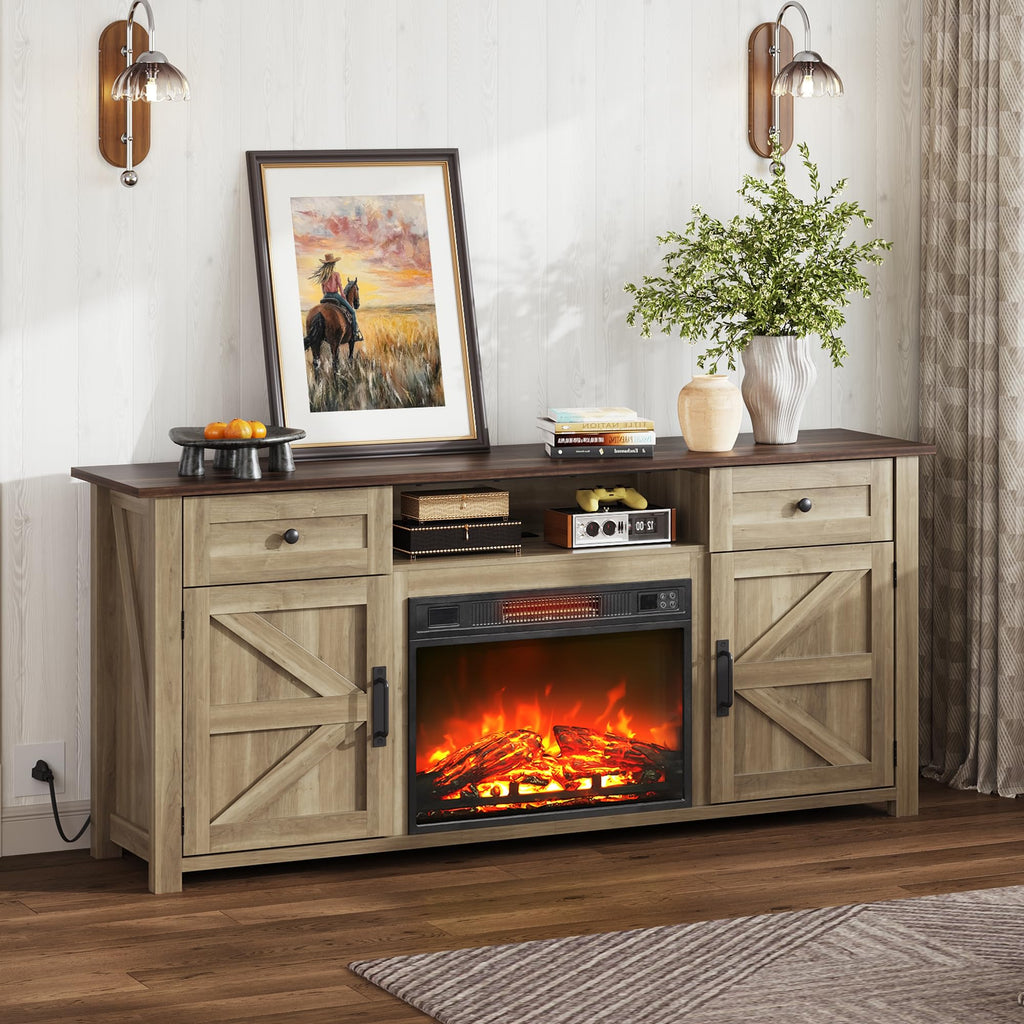 Electric Fireplace TV Stand for 65 75 inch TV, Modern Farmhouse Entertainment Center with Removable Fireplace &