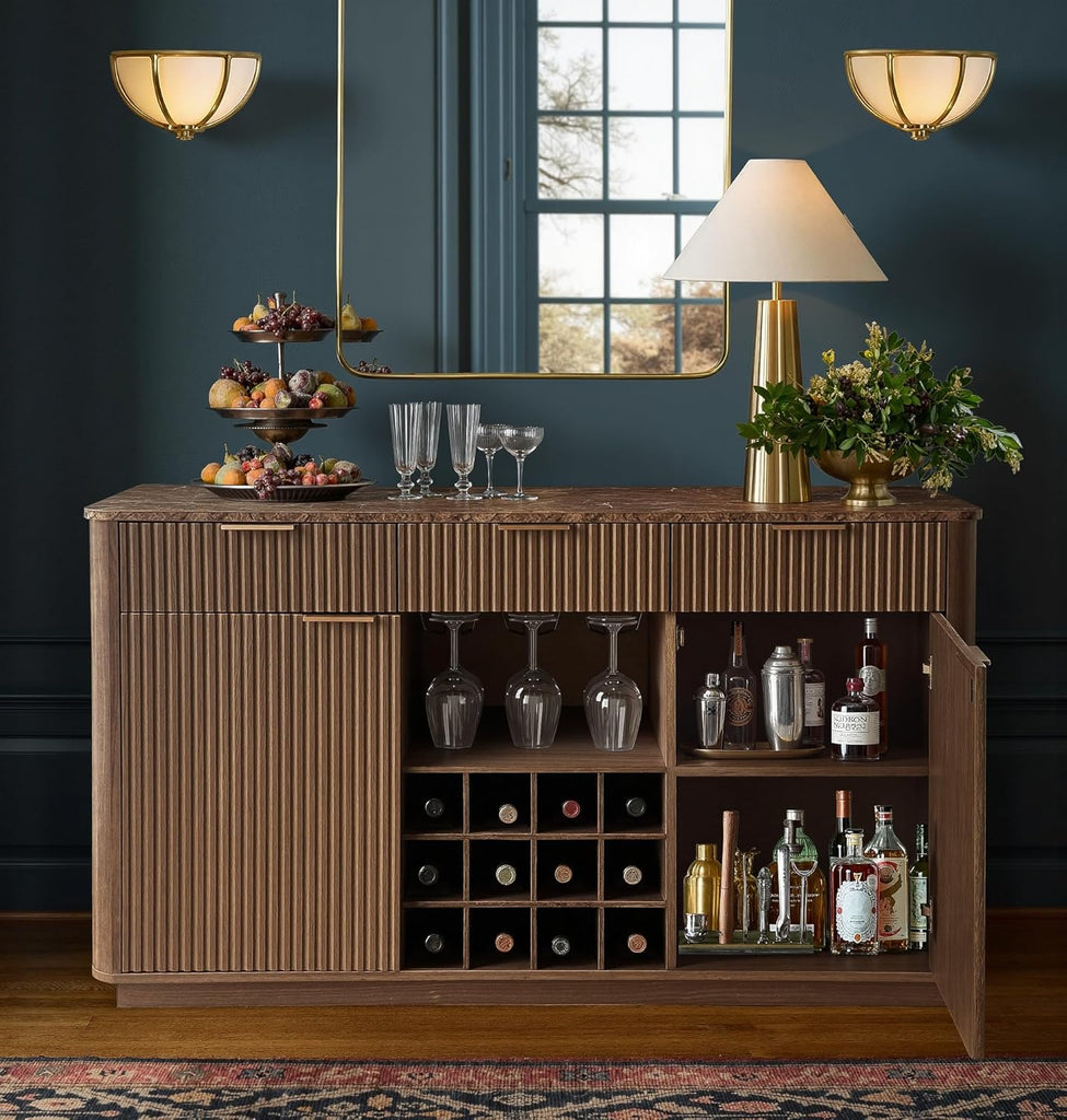 59" Fluted Wine Bar Cabinet, Mid-Century Modern Sideboard, Walnut | Home Bar with Faux Marble Top, 3 Spacious