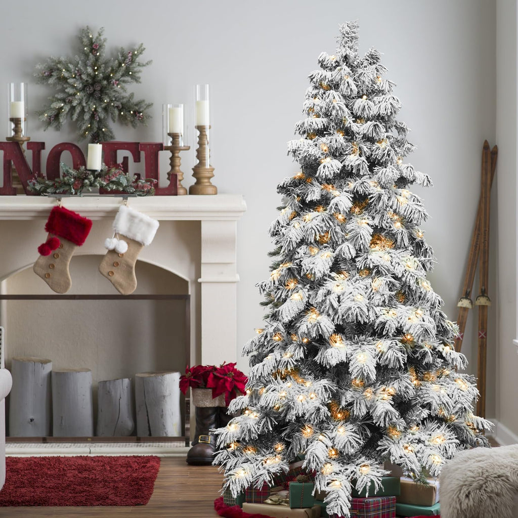 Prelit Flocked Christmas Tree, Premium Artificial Christmas Tree with 594 Branch Tips and 270 Warm White Lights
