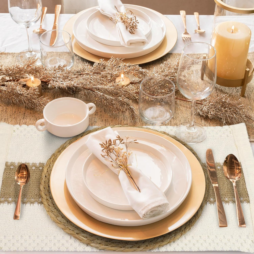 Set Handmade Boho Placemats Natural Cotton Burlap Table Mats, 6 Rectangle with Tassel & 6 Round Bulrush Placemats - Set of 12