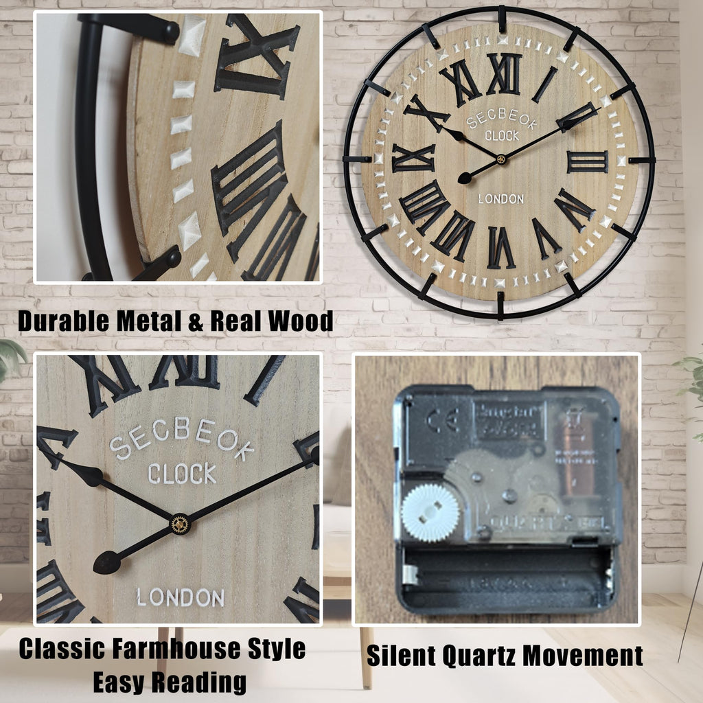 30 Inch Oversized Farmhouse Wall Clock, Metal Rustic Wood with Silent Quartz Movement, Easy Read Roman Numerals