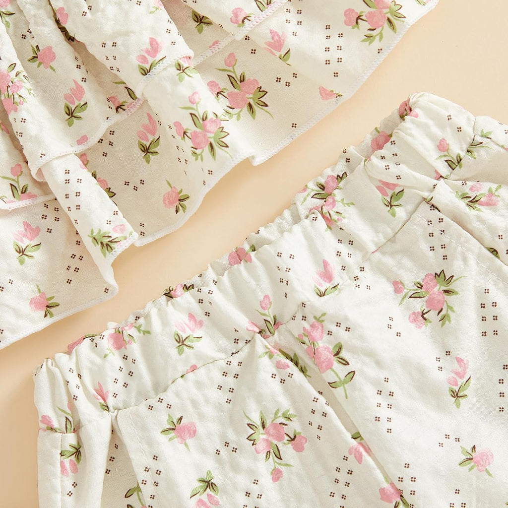 Toddler Baby Girl Fall Outfit Floral Print Smocked Shirt Pants Set