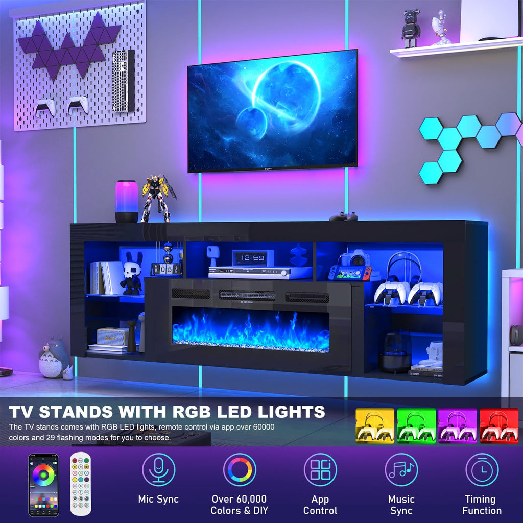 71" Floating for up to 85" TVs, Modern High Gloss Entertainment Center w/40 Electric Fireplace, Charging Station&LED
