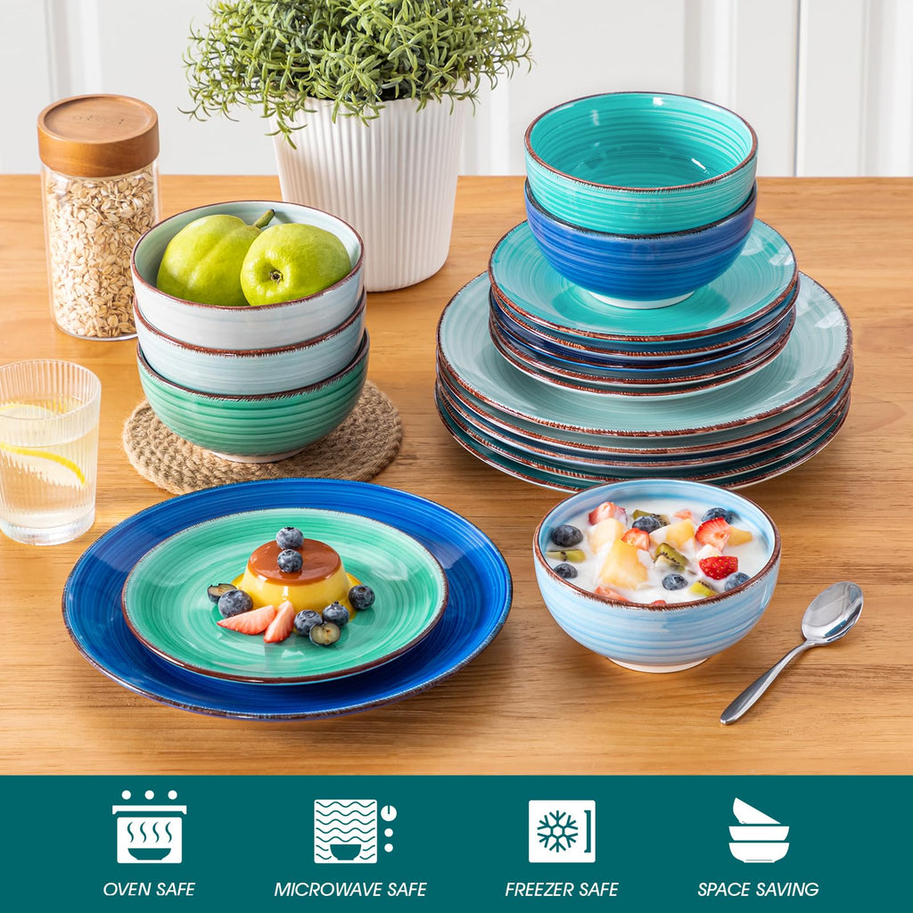 Bonita Plates and Bowls Set 18 Pieces Blue Stoneware Service for 6