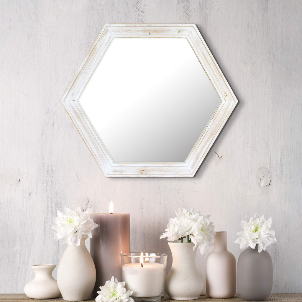 Decorative 24" Hexagon Wall Mirror with Worn White Wood Frame and Attached Hanging Bracket, Decorative Country Rustic