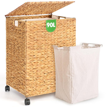 Wicker Laundry Hamper with Lid & Wheel, Rattan Laundry Basket, 90L