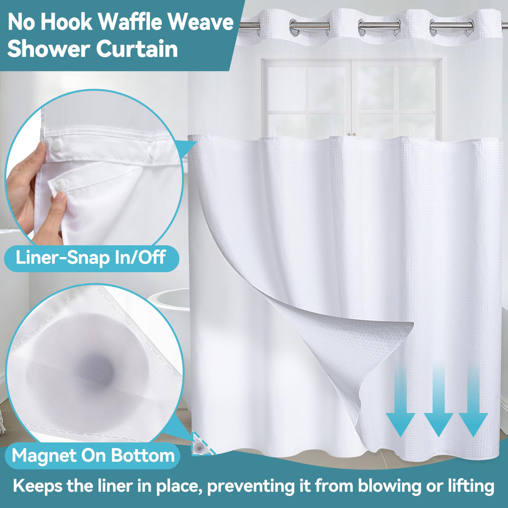 Extra Long No Hook Waffle Weave Shower Curtain with Snap in Liner Set, Hotel Luxury White Shower Curtains with See