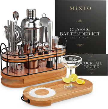 Mixology Bartender Kit - Bar Set Cocktail Shaker Set w Brown Bar Cart Accessories Stand - Shakers Bartending - Set of 22
