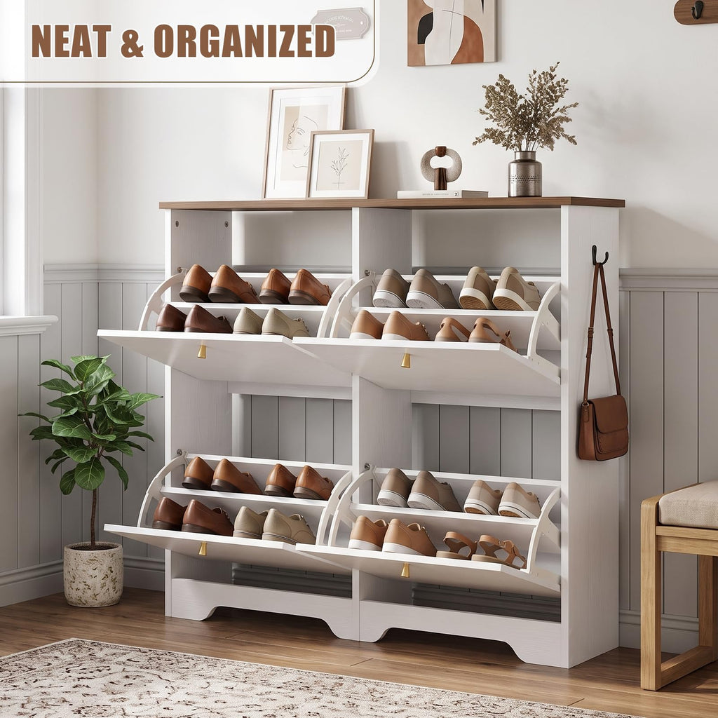 Shoe Cabinet, 4 Flip Drawers Slim White with Walnut Top Entryway