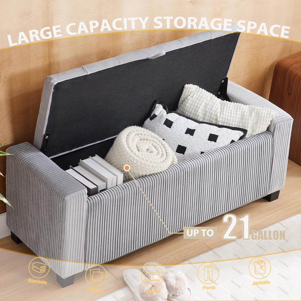 43 Inch Velvet End of Bed Storage Bench, Gray Ottoman with Storage | Storage Ottoman Bench, Safety Hinge, Holds 330