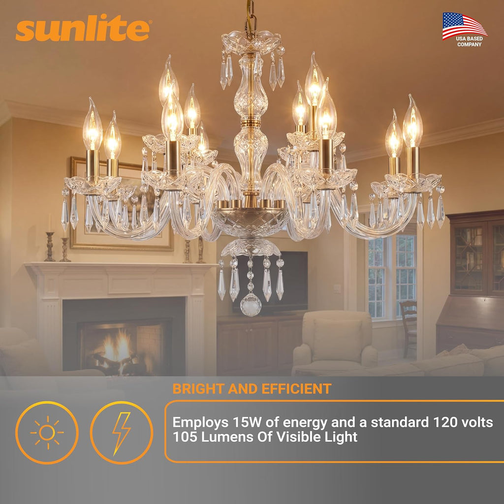 Incandescent Petite Clear Chandelier Light Bulb, 15 Watts, 105 Lumens, Candelabra E12 Base, Flame Tip, 2600K Warm