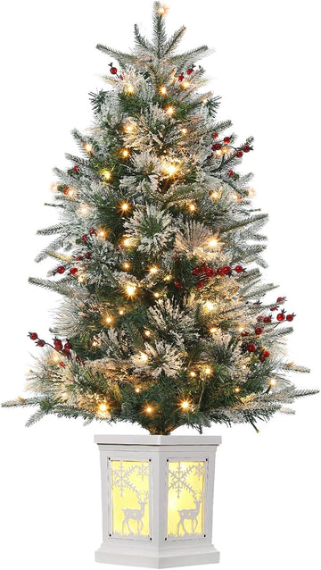 Pre-Lit Artificial Mini Christmas Tree, 3FT Small Flocked Christmas Tree