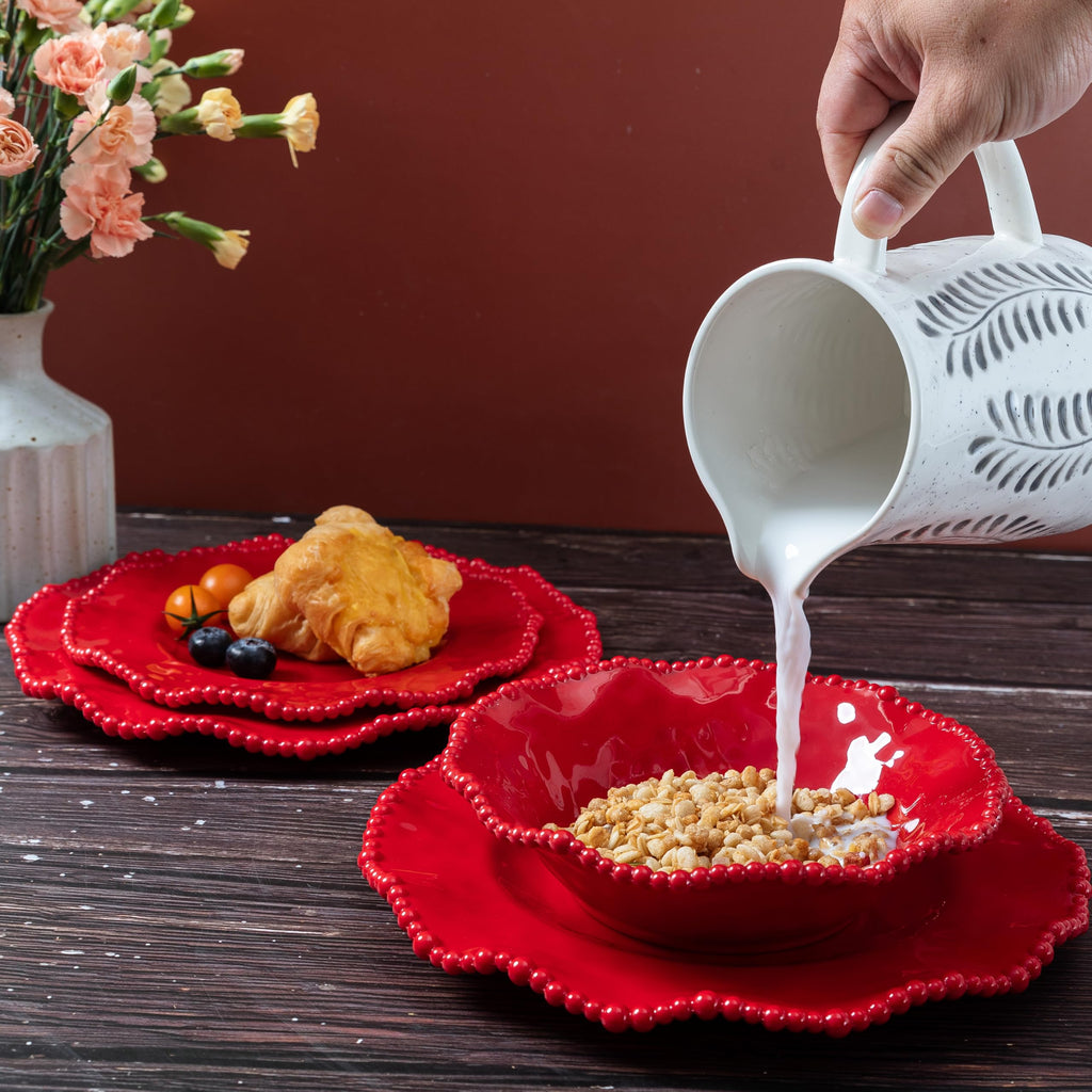 Christmas Red 18 Piece Beaded Melamine Dinnerware Sets, Service for 6, Lightweight Unbreakable, BPA Free With