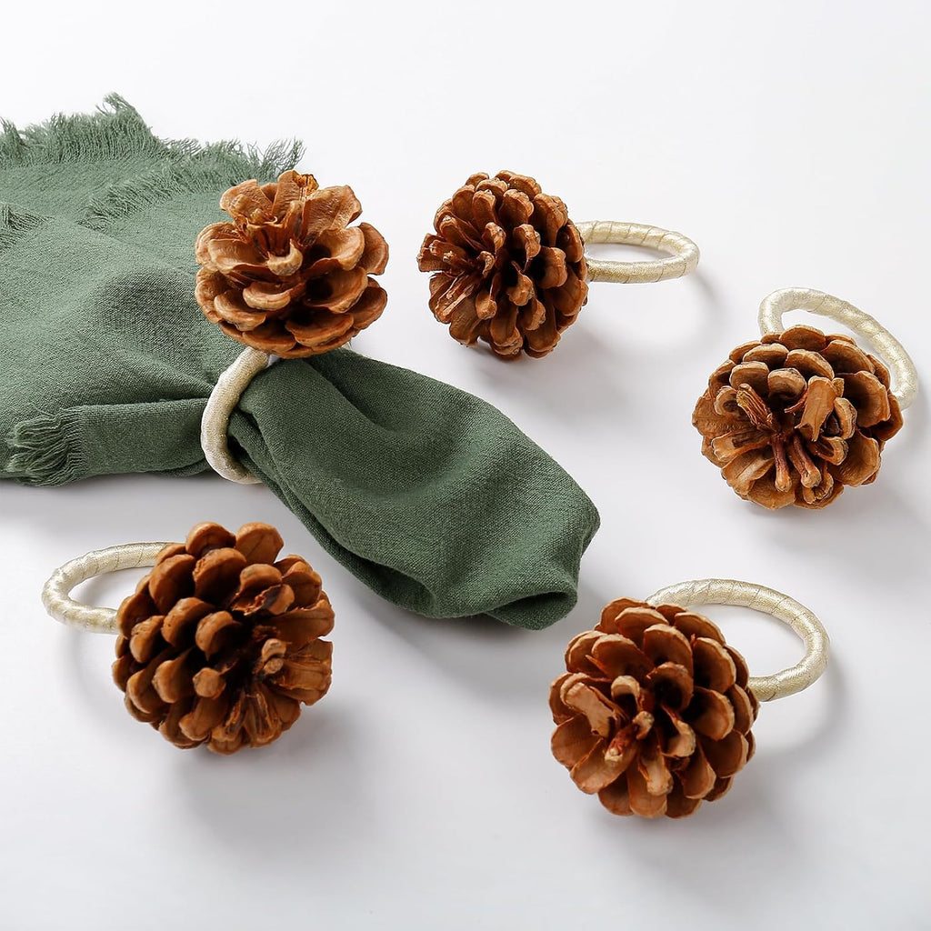 Christmas Napkin Rings, Pinecone Napkin Rings, Handmade Cloth Napkin Holder with Cloth Buckles - Set of 8