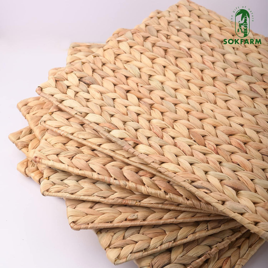 Water Hyacinth Rectangular Placemats, 17 x 12 Inch Woven Rattan Table Mats for Dining Table, Heat Resistant - Set of 6