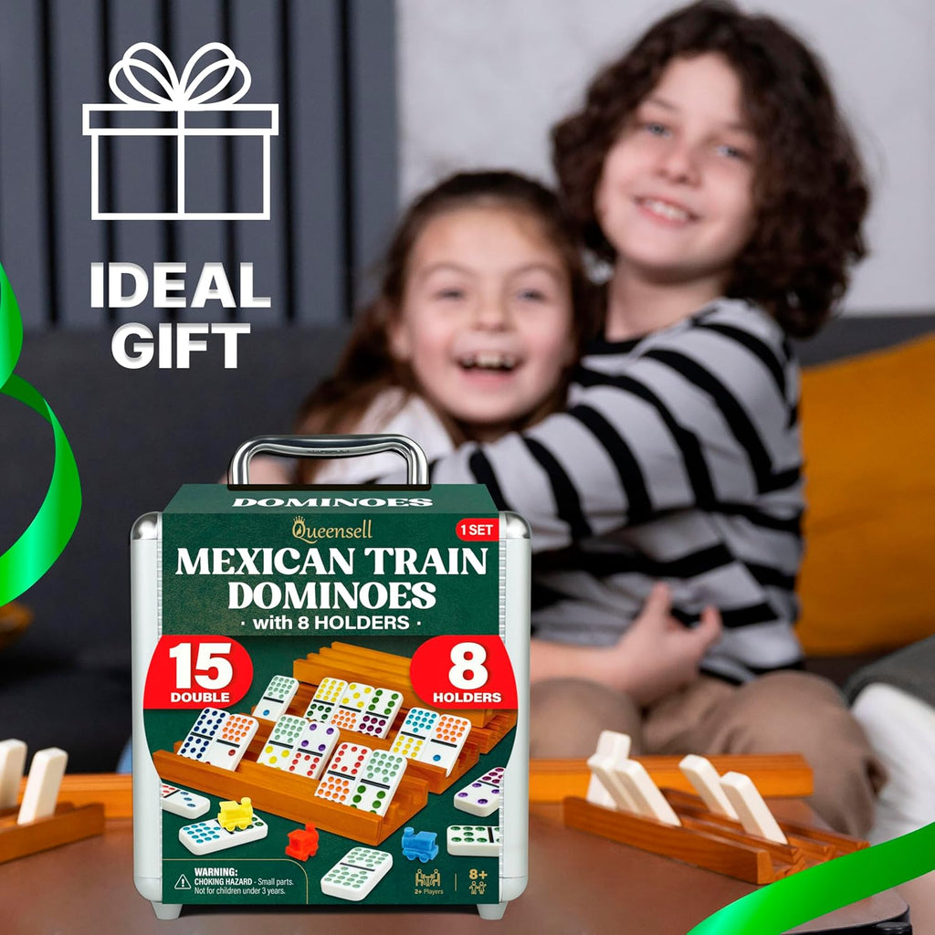 Mexican Train Dominoes Set Double 15 with 8 Holders - Wooden Hub and Tiles Holders - Double 15 with Dots (D15 + 8
