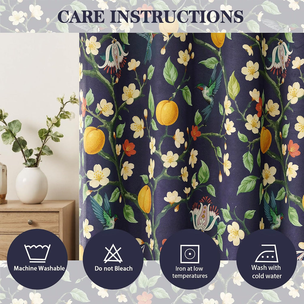 Floral Curtains 100% Blackout, Vintage Hummingbird Black Out Curtain 84 Inches Long, Patterned Thermal Insulated