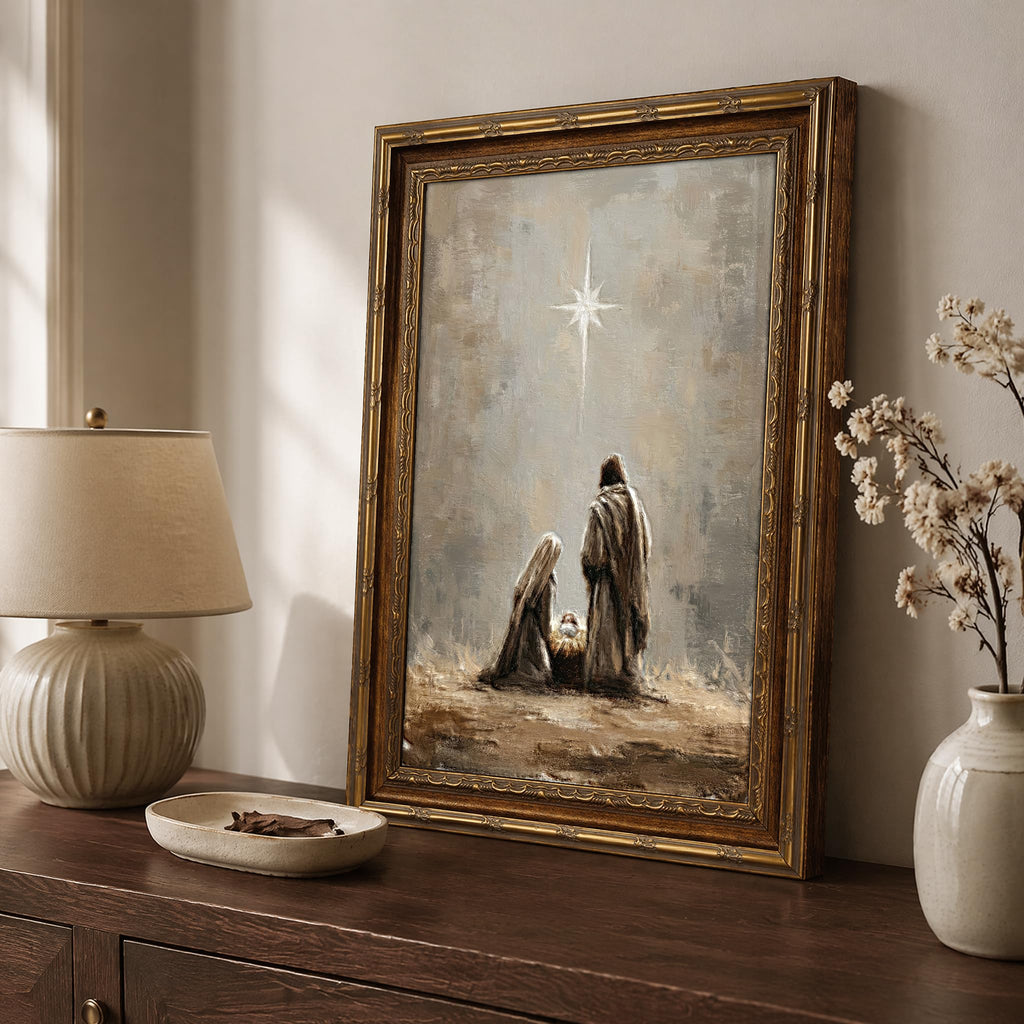 Vintage Framed Nativity Scene Textured Painting Wall Art