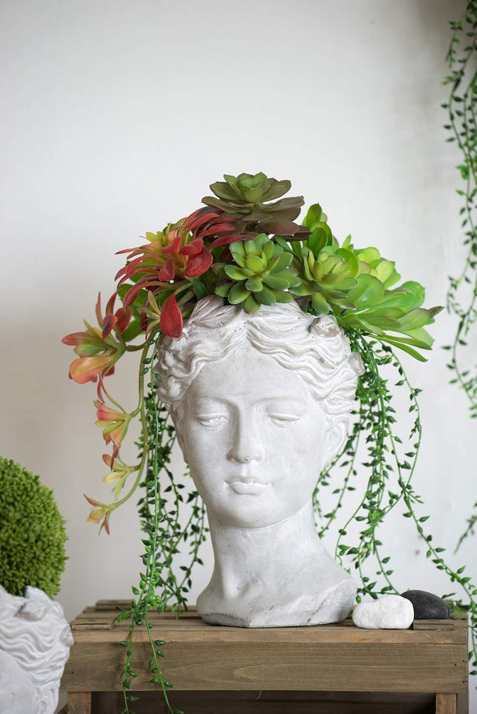 Gray Young Girl Bust Planter Indoor Outdoor Décor Cement Pot Beautiful Woman Face Greek Sculpture Flower Hair 7" x