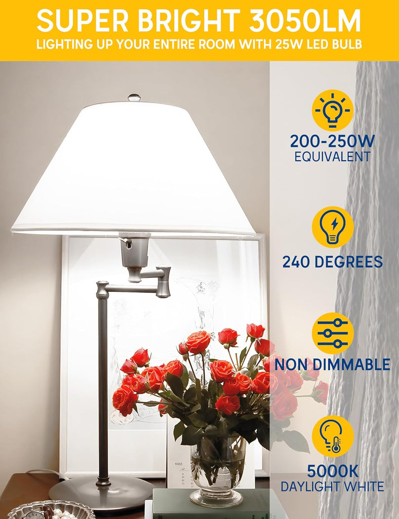 LED Light Bulbs, 25W Bright White 5000K, A21 E26, 2pcs