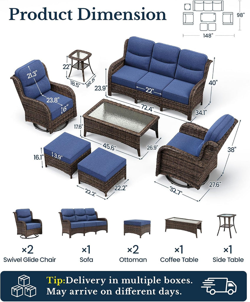 7-Piece Luxury Patio Furniture Set with 6" Thick Cushions, Weather-Resistant Wicker High Back Swivel Rocker Chairs