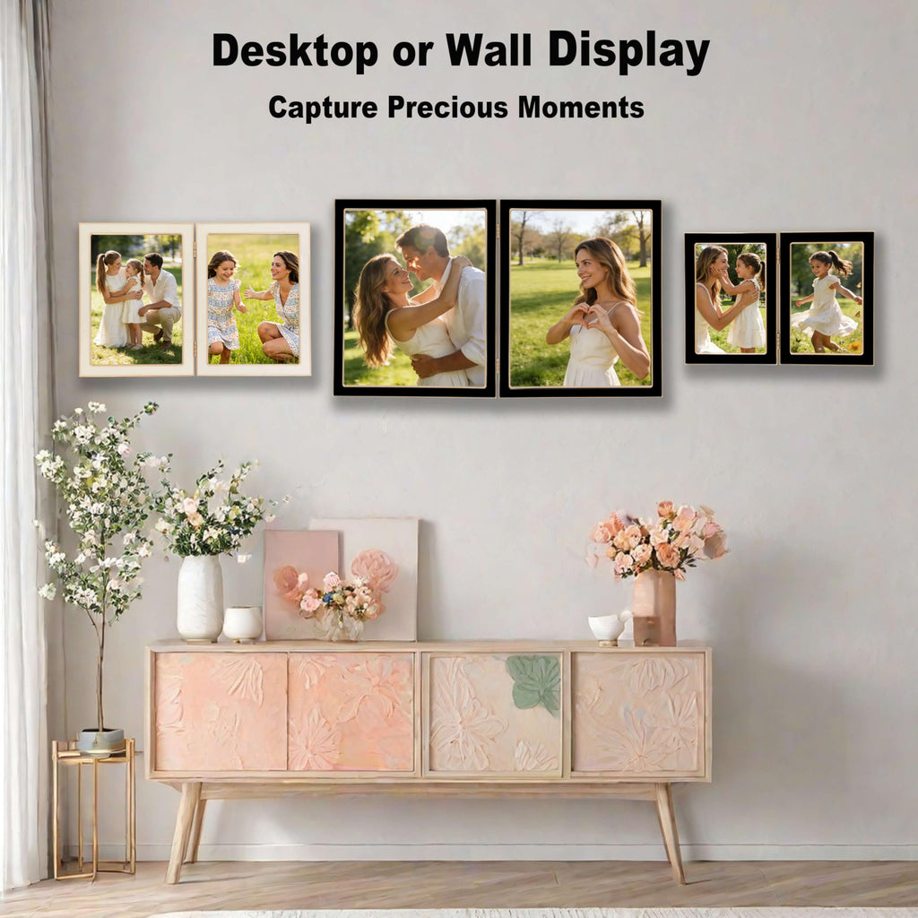 4x6 Double Picture Frame with White Enamel Finish, Gold Edge Metal Hinged Photo Frames, Real Glass Front Velvet Back