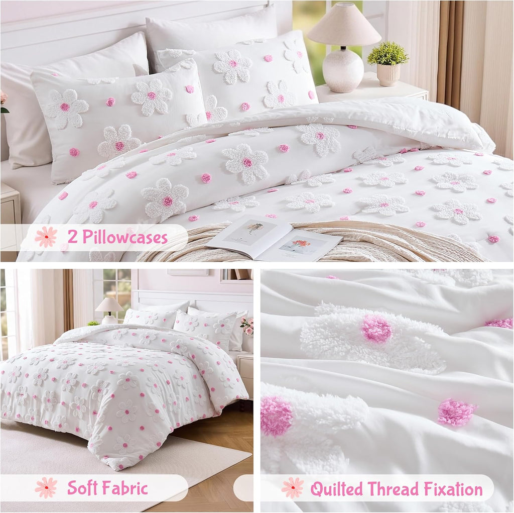 Twin Comforter Set for Girls 2 Pieces Tufted Daisies Flowers Pink Floral Twin Girls Bedding Sets Bed in A Bag Cute