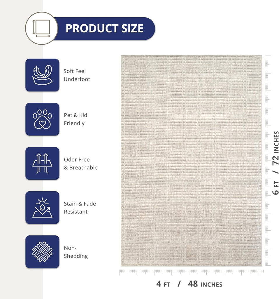 Beige Area Rug - Burke Collection - Checkered Grid Pattern - Easy to Clean - Durable, or Office, Pet &