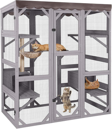 Cat House Window Outdoor Catio Cat Enclosures with 7 Platforms, 2 Resting Boxes Large Kitty House with Weatherproof