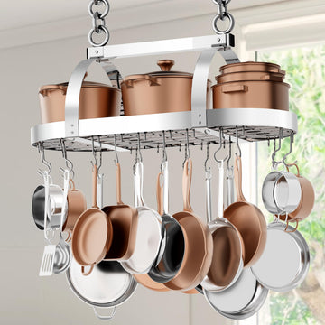34 Inch Heavy Duty Chrome Hanging Pot Rack Ceiling Mount, Oval Pot and Pan Hanging Rack, Pan Hanger Storage Organizer