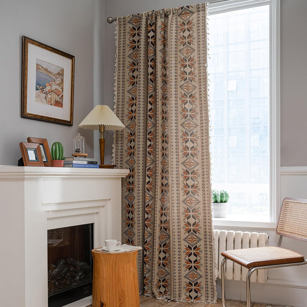 Boho Curtains 63 Inch Length 2 Panels Geometric Patterned Drapes Bohemian Semi Sheer Rod Pocket Tassel Short Window