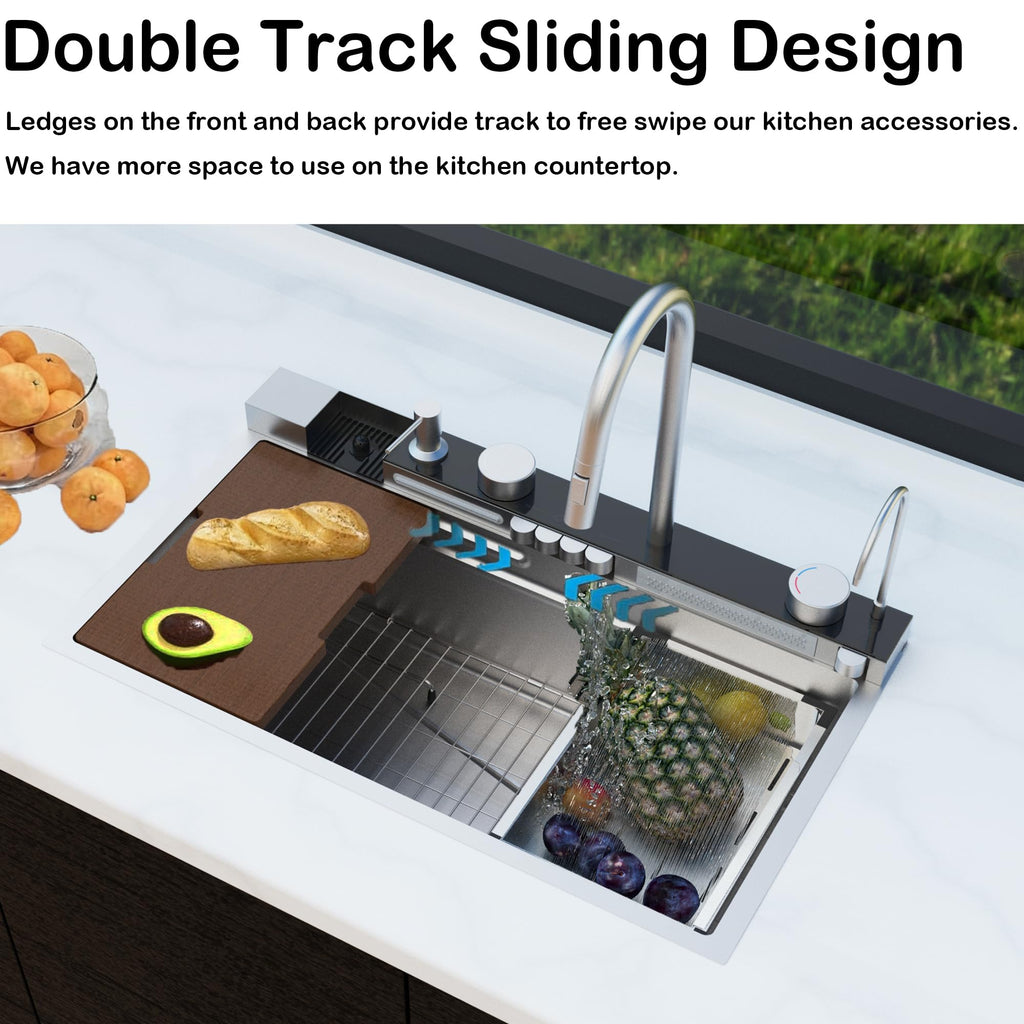 Drop Sink Smart Waterfall Workstation Kitchen Sink 31.5 x 17.7 Inch 16 Guage Stainless Steel Single Bowl