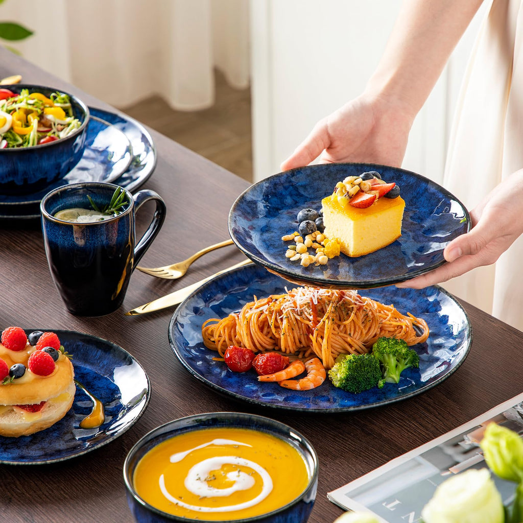 Starry 16 Pcs Dinnerware Set for 4, Handmade Reactive Glaze, Blue