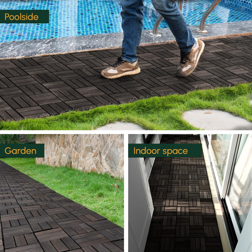 Acacia Interlocking Deck Tiles (12x12 Pack 30) - Waterproof Acacia Wood Decking for All Weather Use - Patio, Balcony
