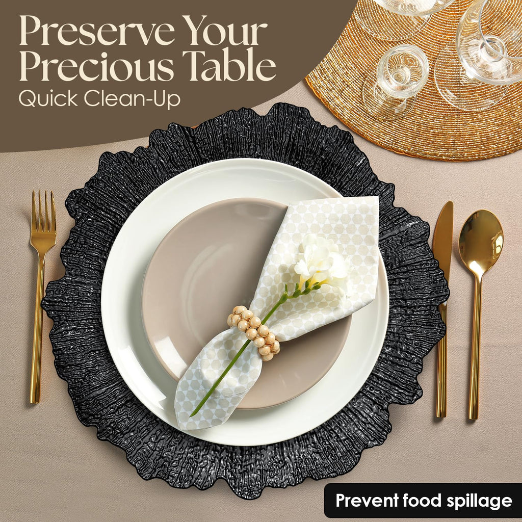 Black Charger Plates Set - 13" Vintage Plastic Dinnerware Set - Reusable Elegant Serving Plates for Parties, Weddings