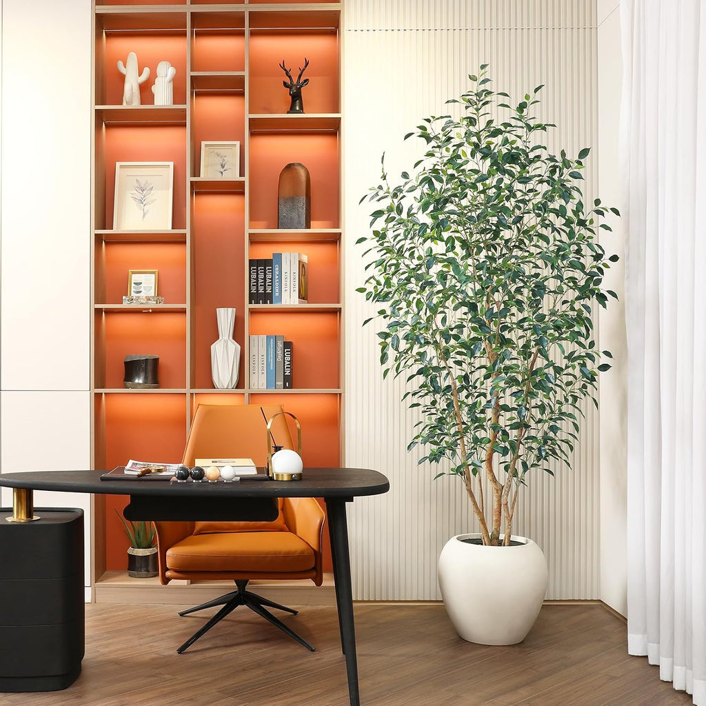 8FT Artificial Ficus Tree, Indoor Faux Ficus Plant with Realistic Leaves & Natural Wood Trunk, 8ft Tall, Green, All