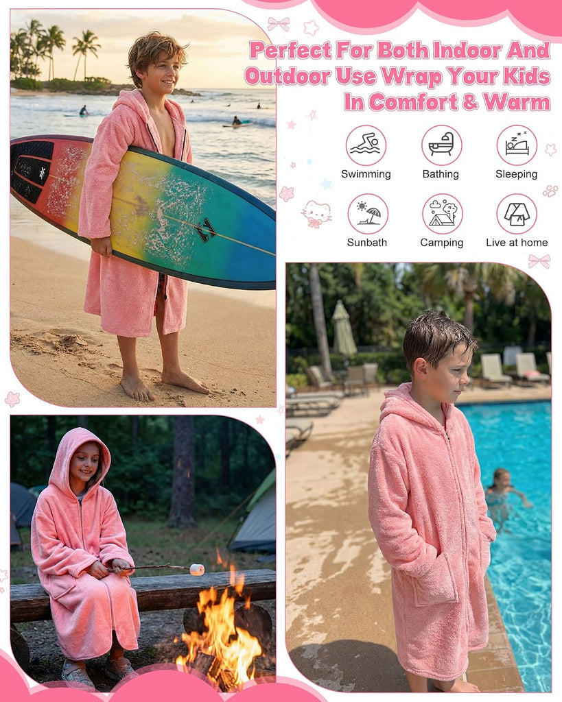Kids Hooded Bath Towel, Soft Warm Zipper Swim Parka