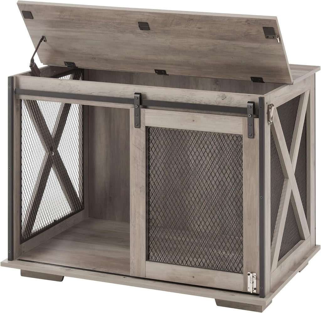 37''L Farmhouse Dog Cage Crate Furniture with Sliding Barn Door, Wooden Dog Kennel End Table with Flip-top Plate