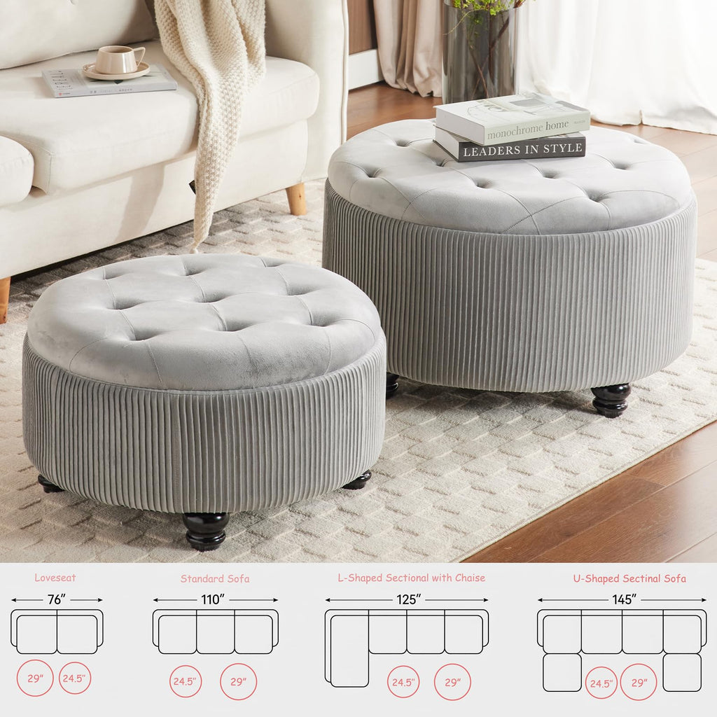 29'' & 24.5'' Round Storage Ottoman Coffee Table Set of 2, Light Gray