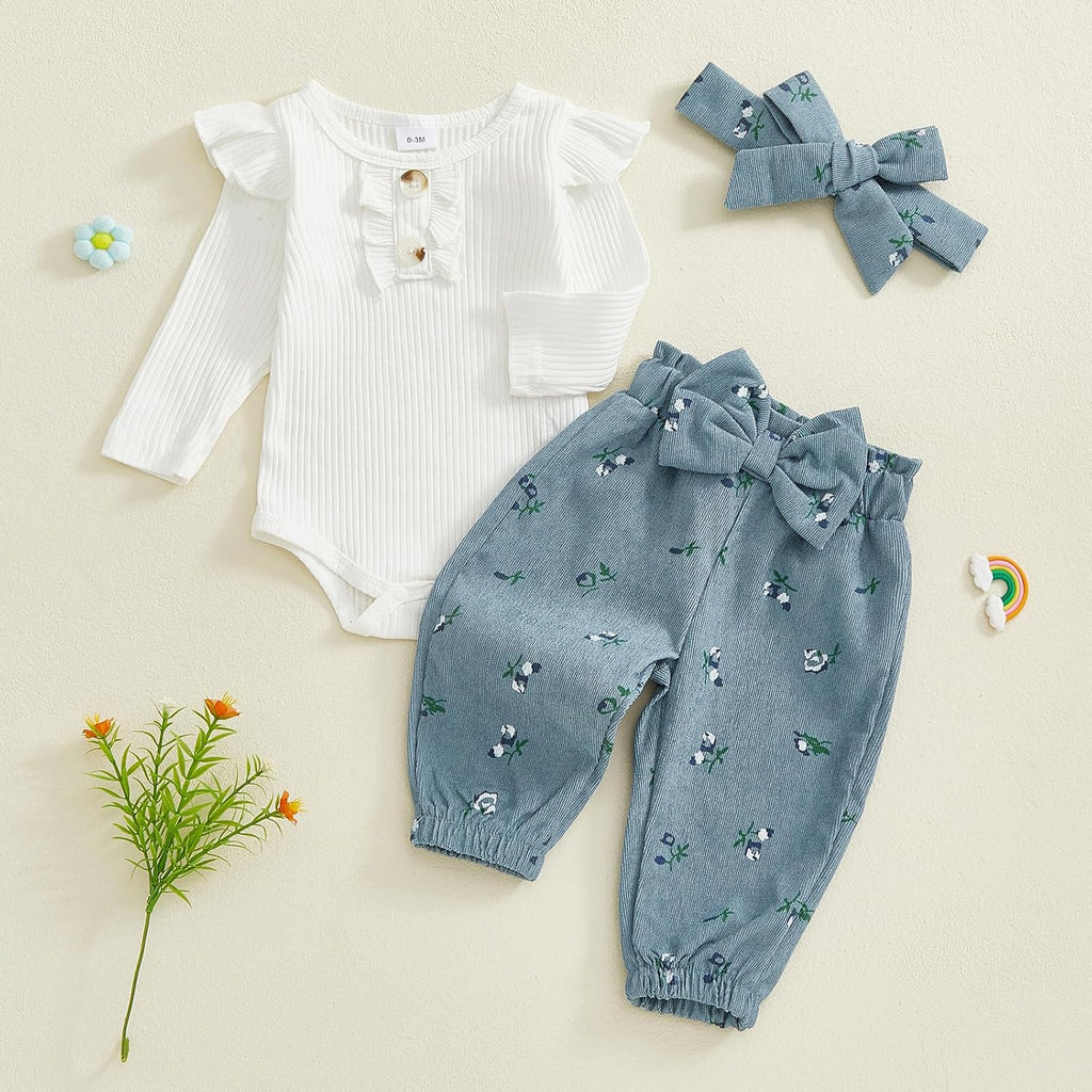 Baby Girl 3pcs Outfit Set Ribbed Bodysuit Floral Bow Jogger Pants