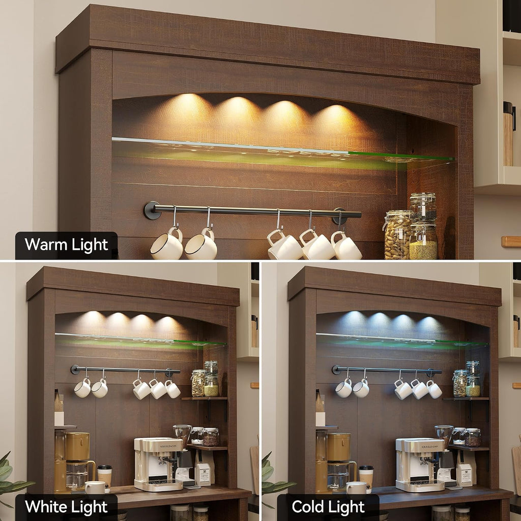 72" Farmhouse Coffee Hutch Cabinet, Large LED Buffet Sideboard with Wine Rack & Glass Shelf, Tall Kitchen Storage